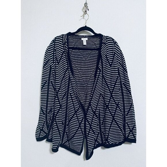 Chicos 2 Womens Large Open Cardigan Geometric Stripe Print Black Cotton - Picture 1 of 6